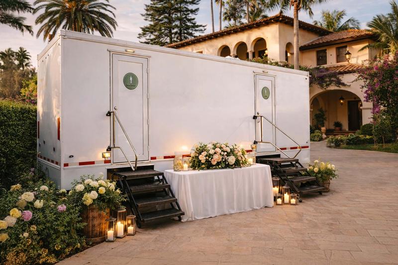 Major Event Trailers luxury restroom trailer at an outdoor wedding in Ventura County